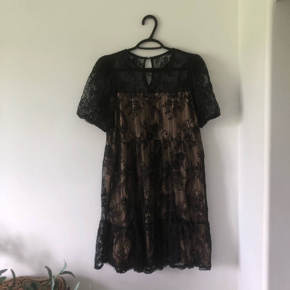 Tash + Sophie Black Lace Overlay Mini Dress with Nude Lining | Size L